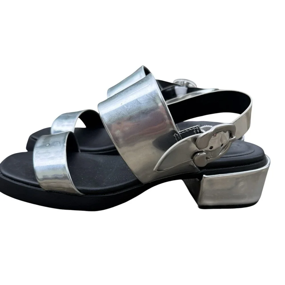 Aerosoles Dove Sandals 8.5M Silver Metallic Mirror Block Heel Buckle Comfort